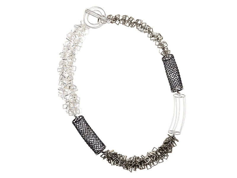 Jeong Ju Lee, Fringe Necklace I, 2025, in steel mesh, sterling silver, nickel silver, 19 inches (483 mm) long, photo courtesy of Gravers Lane Gallery