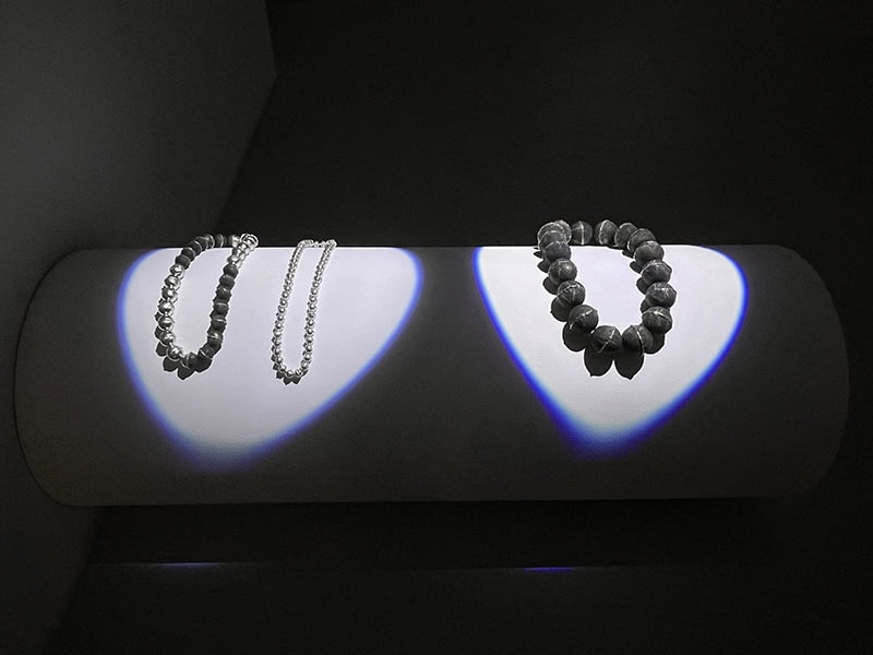 Exhibition View, Let There Be Light, neckpieces in tin by Marion Blume, 2025, at Kunstarkaden Muenchen, Munich, Germany, photo: Kellie Riggs