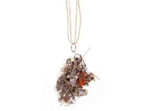Luca Àdie, All the Shit from My Kitchen Floor, 2025, pendant in steel, cord, hair, dust, onion, bone, pigment, diamond, zircon, stones, peas, binder, hairspray, spit, skin, gold, silver, aluminum, pearls, plastic, ash, tobacco, fag ends, photo: Mirei Takeuchi, edited by artist