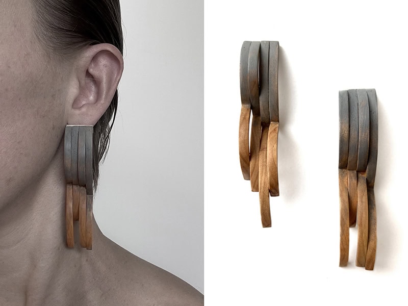 Ketli Tiitsar, Untitled, 2023, earrings in apple wood, paint, silver, 3 ½ x ¾ x 1 ⅛ inches (90 x 20 x 30 mm), photo: Four