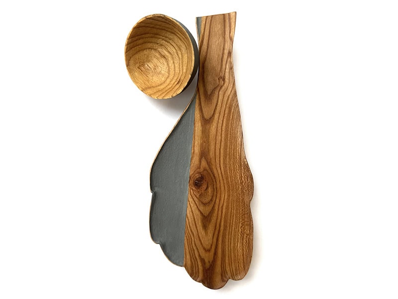 Ketli Tiitsar, Posture III, 2017, brooch in almond and oak wood, silver, steel, paint, 5 ½ inches (140 mm) tall, photo: Four