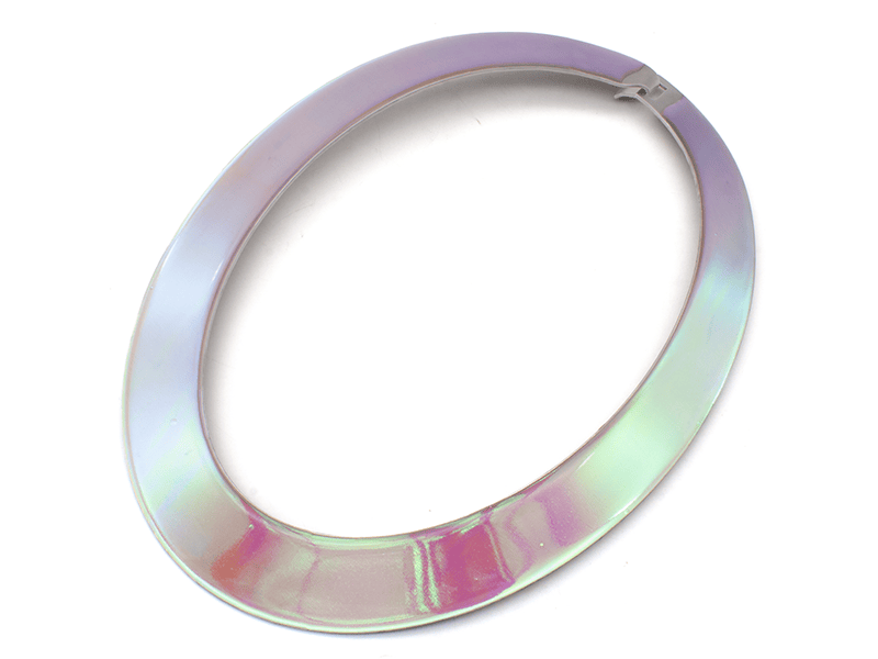 Leslie Shershow, Halo, 2022, necklace in aluminum, luminescent film, resin, 11 x 8 x ¼ inches (279 x 203 x 6 mm), photo: J Taran Diamond