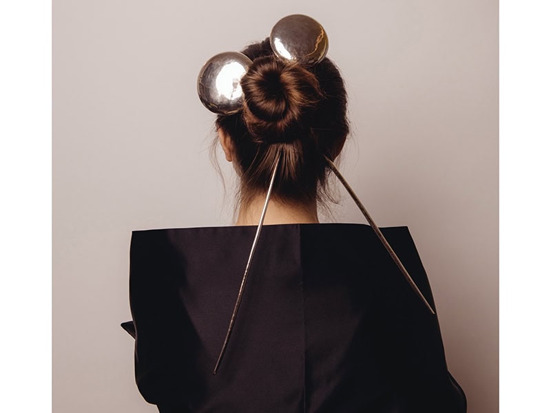 Hea Lim Shin, Korean Traditional Binyeo (Hairpin), Moon 1 and Moon 2, 2024, in silver, photo: Patrick Gunning, stylist: Yael Reisner