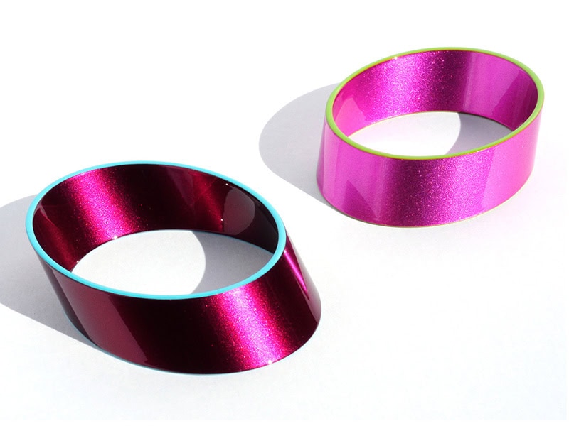 Rachelle Thiewes, Slice Bracelets, in steel, silver, auto paint, photo courtesy of Gallery Loupe