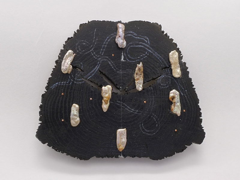 Esther Brinkmann, The Brightest (Constellation Libra series), 2025 in subfossil oak with colored pencil drawing, freshwater pearls, silver, copper, 4 ⅜ x 3 ¾ x ⅜ inches (110 x 95 x 10 mm), photo: artist