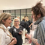 DAY 3, STOP 4: The trip ended with a wonderful evening at the home of Deedie Rose—what a highlight of the time in Dallas! Deedie graciously allowed the travelers to explore her entire art jewelry collection while walking throughout the contemporary house. Spiral staircases, bedrooms, living rooms—pieces by Warwick Freeman, Lisa Walker, and renowned jewelers from around the world could be spotted in every room, sometimes on a bookshelf, sometimes on a table. It was an interesting way to experience the architectural space—almost like a treasure hunt! (Left to right) Deedie Rose, Susan Lewin Grant, and Lydia Martin, photo: Elena Karpilova