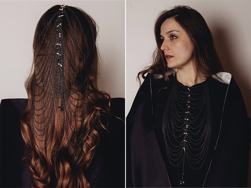Liana Pattihis, Hair Piece/Necklace, 2025, in oxidized silver cable chain, pearls, metal hairband, satin, photo: Patrick Gunning, stylist: Yael Reisner