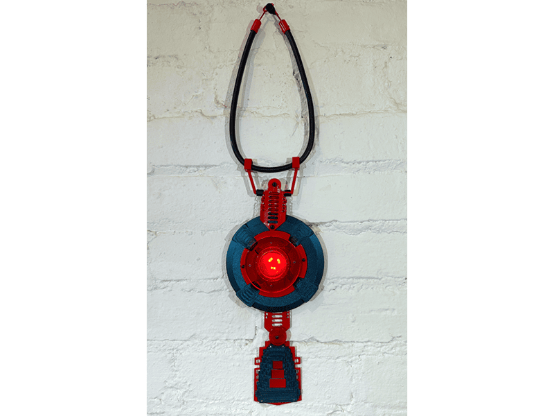 Teri Brudnak, Red Alert, 2025, necklace in 3D printed, powder-coated steel, recycled acrylic, LED lighting system, neoprene, 17 x 6 x 1 inches (432 x 152 x 25 mm), photo courtesy of WAM! Wearable Art Museum