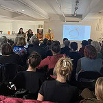 The panel discussion “My Greatest Mistake,” held at The Jewelry Library, was moderated by (far left) AJF member Jennifer Altmann. The panel included (far right) AJF Editorial committee member Aaron Decker