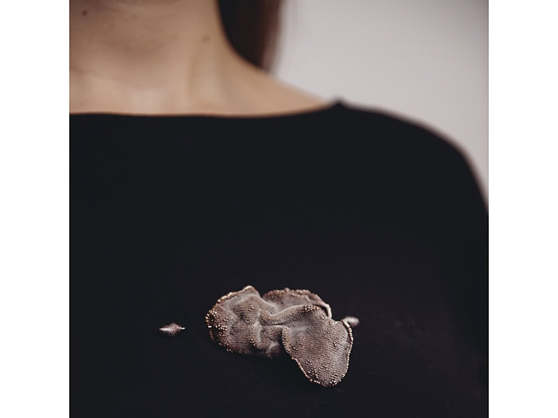 Michaela Pegum, Pelt Brooch II, 2024, in copper, silver, shibuichi, velvet, 2 ½ x 3 ¼ x ⅞ inches (63 x 82 x 22 mm), photo: Patrick Gunning
