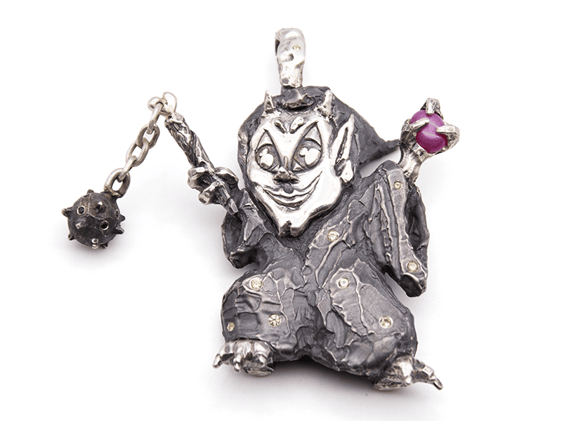 Ian Murphy, Goblin Battle Mage, pendant, 2024, in sterling silver, lab-grown ruby, peridot, spinel, 5 x 3 x ¾ inches (127 x 76 x 19 mm), photo: J Diamond
