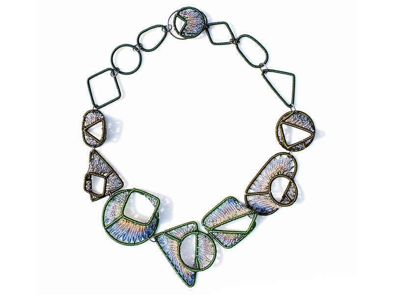 Brienne Rosner, LTSCJN2 Necklace, 2025, in sterling silver, steel, wire, glass beads, 2 x 1 x 18 inches (51 x 25 x 457 mm), photo courtesy of the artist