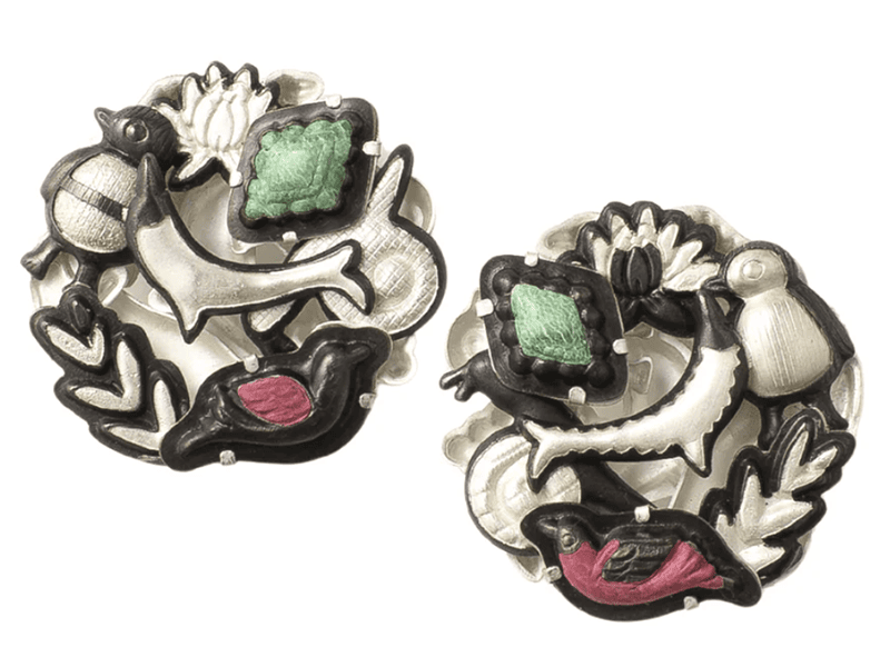 Ye-jee Lee, Collected Animals, 2024, earrings in sterling silver, white copper, leather, 1 ⅛ x 1 ⅛ x ¼ inches (30 x 30 x 7 mm), photo: artist