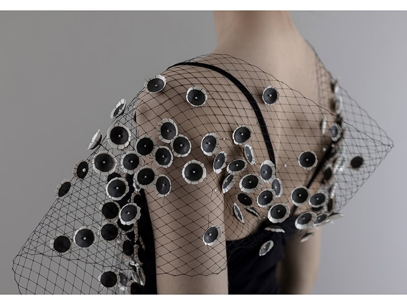 Helena Sandström, Necklace/Shawl, Ceremonial Festive Garment for Sensitive Souls (Eggshell Shawl), 2021, in textile, eggshell, paper, freshwater pearls, spinel, glass beads, approximately 59 x 11 ¾ x ⅜ inches (1500 x 300 x 10 mm), photo: Niklas Palmklint