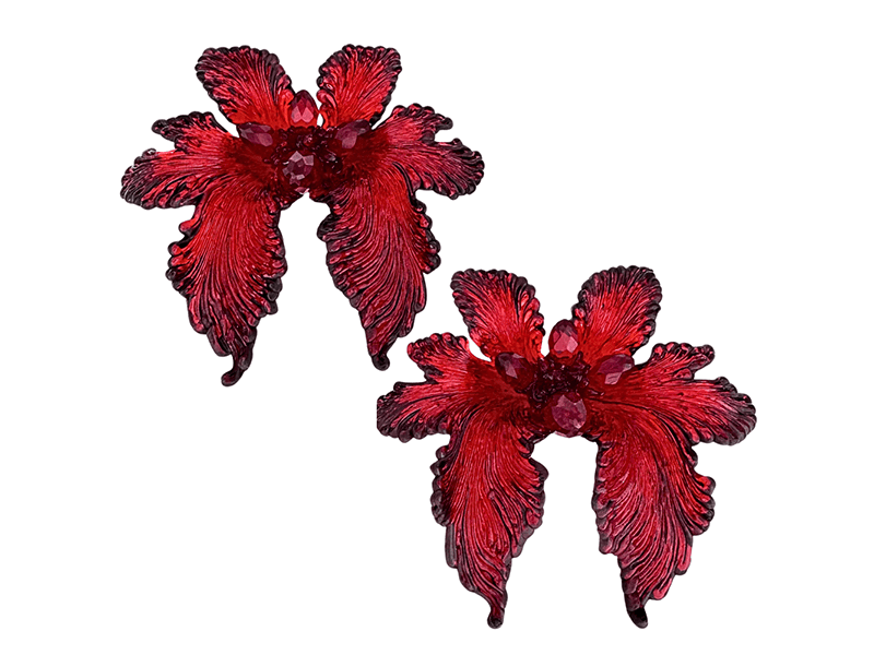 Carina Shoshtary, For When We Flourish (Red), 2026, earrings in PLA (bio-plastic), vintage elements, glass, recycled silver, lacquer, photo: Kassadi Williams