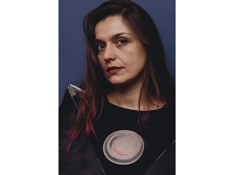 Hea Lim Shin, I Painted Rain, Which Became Raindrops_16, 2025, brooch in canvas, silver, acrylic, paint, traditional ink, traditional lacquer, 4 ⅜ x 4 ⅛ x ¼ inches (110 x 105 x 6 mm), photo courtesy of Objects Beautiful