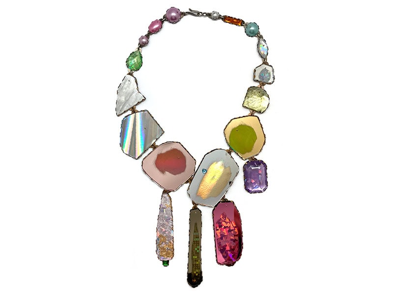 Nikki Couppee, Necklace, in brass, acrylic, faux pearls, sterling silver, approximately 22 inches (559 mm) long, photo: Pistachios