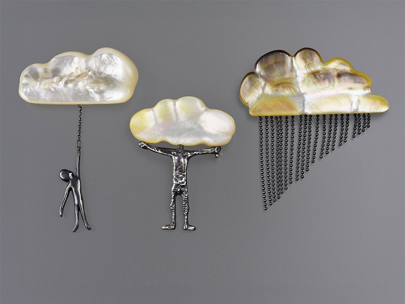 David Holmes, Clouds, 2025, brooches in mother-of-pearl, oxidized sterling silver, (at center) 2 ½ x 2 x ¼ inches (63 x 50 x 6 mm), photo: Michael Couper