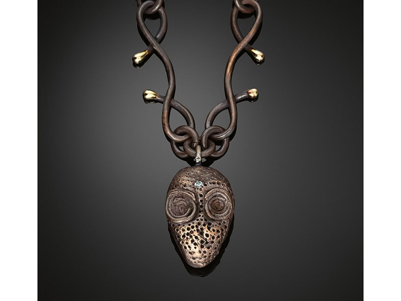 Elisabetta Cipriani Gallery, est. London, England, 2009 (shown on page 96 of The Jewelry Book). Image credit: Photo Ali Emre Göloğlu / Courtesy Elisabetta Cipriani Gallery. Talisman necklace by Michele Oka Doner with a pendant in bronze, 18-karat yellow gold, and diamond, and a handmade chain, from Elisabetta Cipriani Gallery, 2024