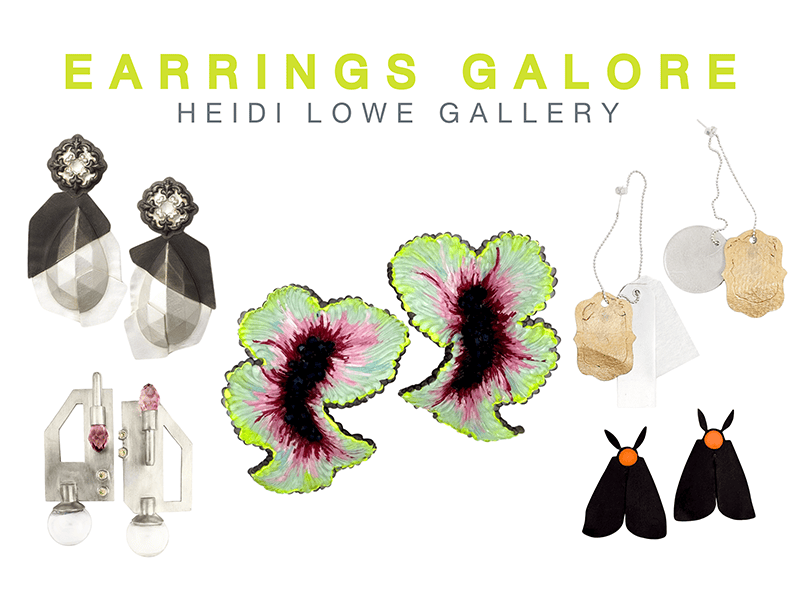 Promo image for the Earrings Galore exhibition at Heidi Lowe Gallery, 2025/2026, photo courtesy of Heidi Lowe Gallery. Featured artists, (left to right) Ye-jee Lee, Jung Ki Min, Carina Shoshtary, Ziqi Yuan, and Elisabeth Drude
