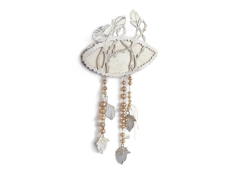 Heidi Lowe, Lineage Brooch, 2017, in gesso, silver, silver point drawings, silk thread, vintage pearls, photo: Kaitlyn Evans. Heidi is a busy maker and gallerist. She curates and creates her own work for the gallery and other exhibitions. Thispiece is from Lineage, an exhibition of Heidi's work at Ombré Gallery in 2017.