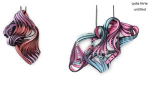 Lydia Hirte, Untitled, 2025, neckpieces in Hahnemühle drawing cardboard, passepartout cardboards, colored and glazed, beading silk, 110 x 70 x 50 mm / 150 x 100 x 55 mm, photos: Clemens Haufe