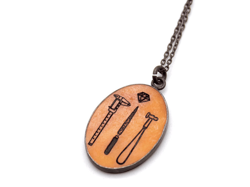 Kelly Jean Conroy, Orange Tool Pendant, 2024, necklace in sterling silver, etched stone, ½ x ¾ x ¹⁄₁₆ inches (13 x 19 x 2 mm), photo: J Diamond