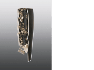 Eleanor H. Moty, Pyrite Brooch, 2012, in 14-karat gold, sterling silver, slate with pyrite inclusions, pyrite crystal, and black paper, 1 x ¼ x 3 ½ x ¼ inches, Racine Art Museum, the Karen Henrietta “Henni” Keland Collection, photo courtesy of the artist, drawn from ramart.org