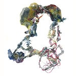 McPherson’s work explores the accumulation of microplastics and waste in the environment, particularly within animals’ bodies. | Larissa McPherson, Specimen XXI (021), 2026, in bone, biodegradable PLA, found plastic, found carpet foam, found mesh, found cord, acrylic spray paint, 30 x 19 ½ x 3 inches (76.2 x 49.5 x 7.6 cm), photo courtesy of the artist