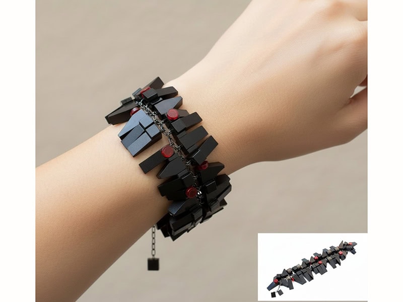 Emiko Oye, Blackstar Slopes Charm Bracelet, in repurposed LEGO®, sterling silver, rare earth magnet clasp, 9 x 2 x ½ inches (229 x 51 x 13 mm), photo courtesy of InterFusion Art