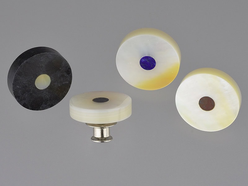 Tom Mason, Untitled, 2026, brooches in basalt, mother-of-pearl, lapis lazuli, red jasper, sterling silver, approximately ¾ x ¼ inch (20 x 5 mm), photo: Michael Couper