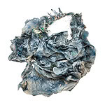 Microplastics are now present in all living beings. In her work, McPherson envisions how this invasion might manifest visually in the bones animals leave behind. Using found plastics, bones, and 3-D printing technology, she explores how the unique properties of the materials and process intertwine. | Larissa McPherson, Specimen XX (020), 2026, in bone, biodegradable PLA, found plastic, found carpet foam, found mesh, found cord, acrylic spray paint, 20 x 19 ½ x 11 inches (50.8 x 49.5 x 27.9 cm), photo courtesy of the artist