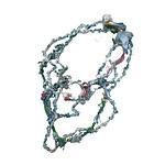 All beings are affected by the presence of plastics. Designed to reside on and interact with the human body, McPherson’s jewelry serves as a tool to bridge the plastic invasion of nonhuman bodies with the parallel invasion occurring within human bodies. | Larissa McPherson, Specimen XVIII, 2025, in bone, biodegradable PLA, found plastic, found carpet foam, found cord, acrylic spray paint, brass, 22 x 13 x 2 inches (55.9 x 33 x 5.2 cm), photo courtesy of the artist