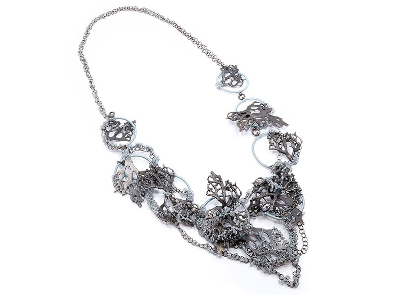 Mari Ishikawa, Frost, 2026, necklace in silver, labradorite, silk, 17 x 5 ⅞ x 1 ⅛ inches (430 x 150 x 30 mm), photo: Sofia Björkman