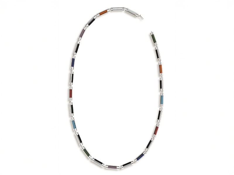 Samuel Guillen, Color Code, 2019, necklace in silver, vitreous enameled copper, white gold, 30 inches (76.2 cm) long, photo: artist