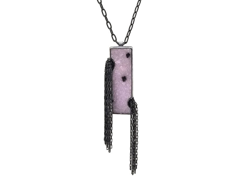 Heather Guidero, Brooch/Necklace, in oxidized sterling silver, druzy, approximately 18 inches long, pendant/brooch is approximately 3 ¾ x ¾ inches, photo: Pistachios