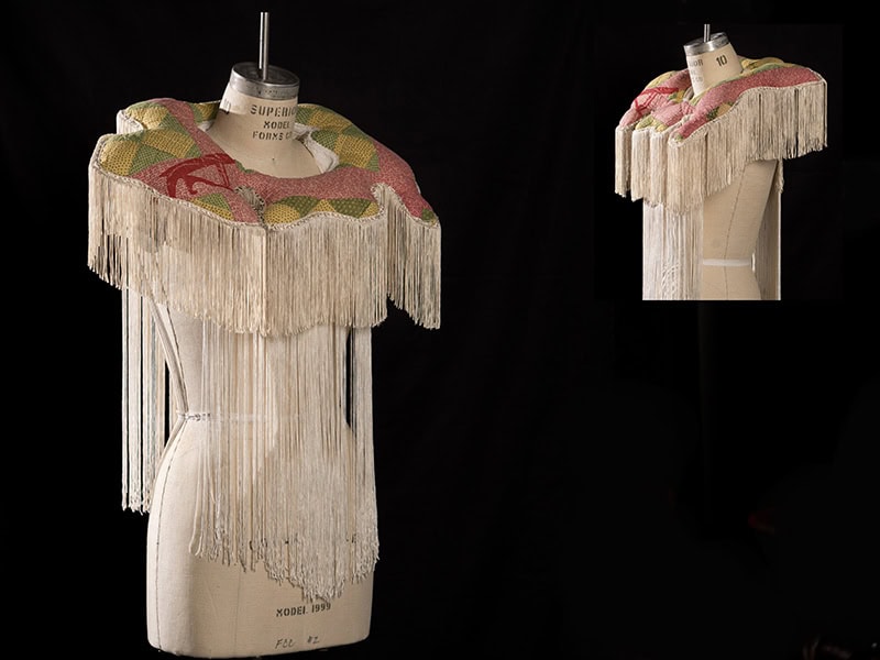 Marty Ornish, Fringe Benefits, from the On the Fringe collection, 2026, collar in historical 100-year-old cotton quilt, batting, letterpress ink, fringe, 24 x 20 x 22 inches (610 x 508 x 559 mm), photo: Steve Ornish