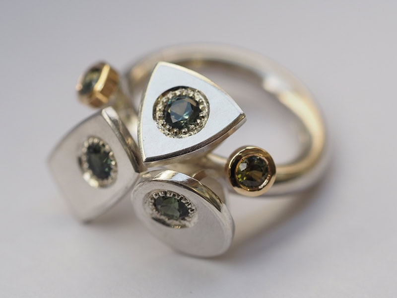 Angela Giuliani, Parti Sapphire, 2026, ring in parti sapphires, 9-karat gold, sterling silver, finger size M, top 19 x 23 mm, 30 mm from base of band to top, photo: Jane Bowden