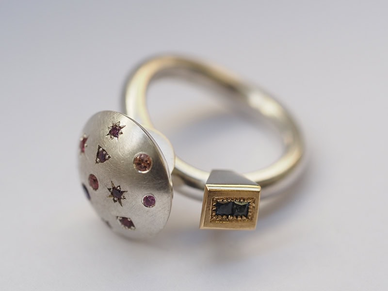 Angela Giuliani, Sapphire and Diamond, 2026, ring in sapphires, cognac diamond, 9-karat yellow gold, sterling silver, finger size N, top of ring 16 x 23 mm, 32 mm from ring base to top, photo: Jane Bowden