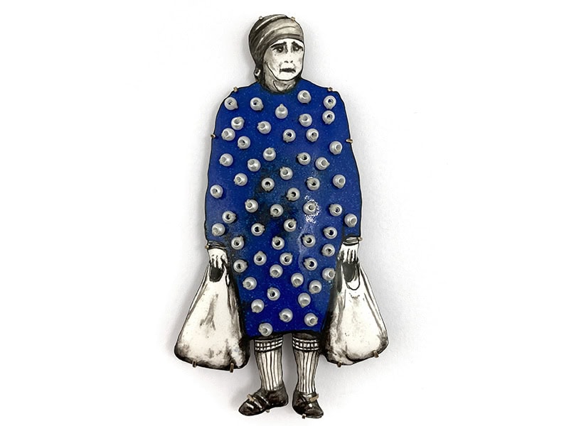 Esteban Erosky, And I Dreamed That I Would Be Happy, brooch in hand-painted enamel on copper, glass beads, nickel silver, steel wire, approximately 3 ¾ x 1 ½ inches, photo: Pistachios