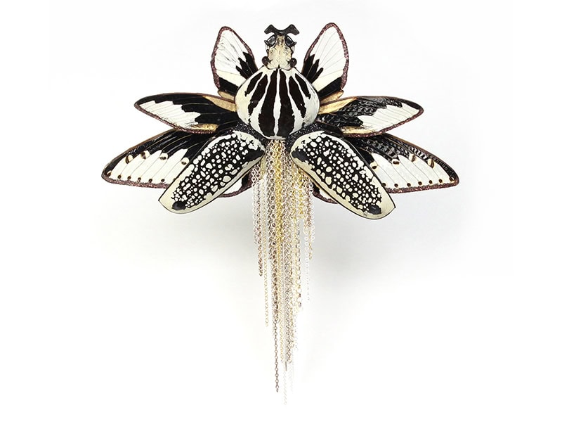 Märta Mattsson, Goliath, 2026, brooch in Goliath beetle, cicada wings, lacquer, resin, pigments, silver, gold-plated silver, stainless steel, 6 ¼ x 6 ½ x 1 ⅝ inches (160 x 165 x 40 mm), photo: artist