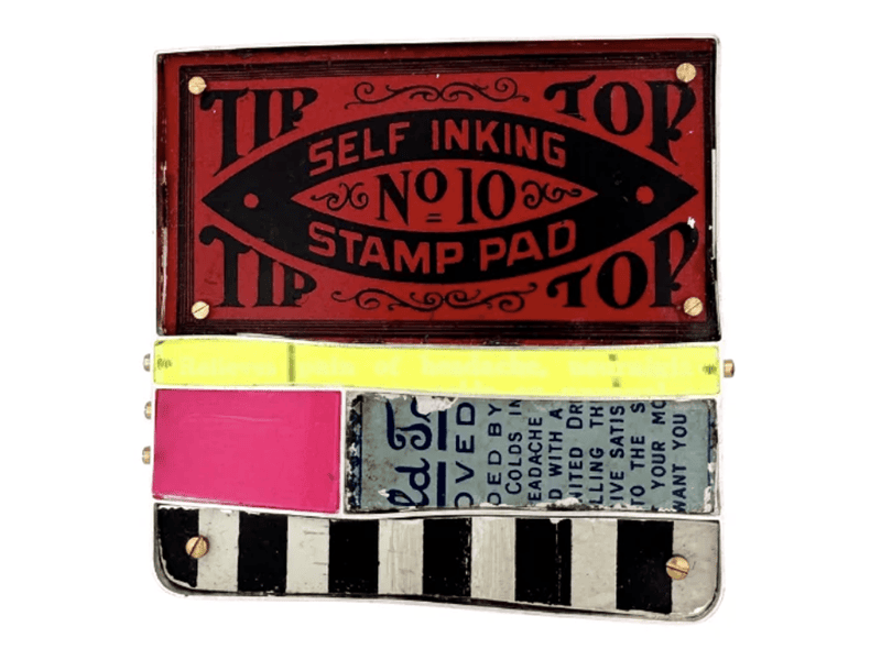 Carin Jones, On a Whim Tattoo, 2026, brooch in vintage tin, sterling silver, acrylic, signature bolts in brass, stainless steel, 2 ½ x 2 ¼ inches (64 x 57 mm), photo: Kassadi Williams