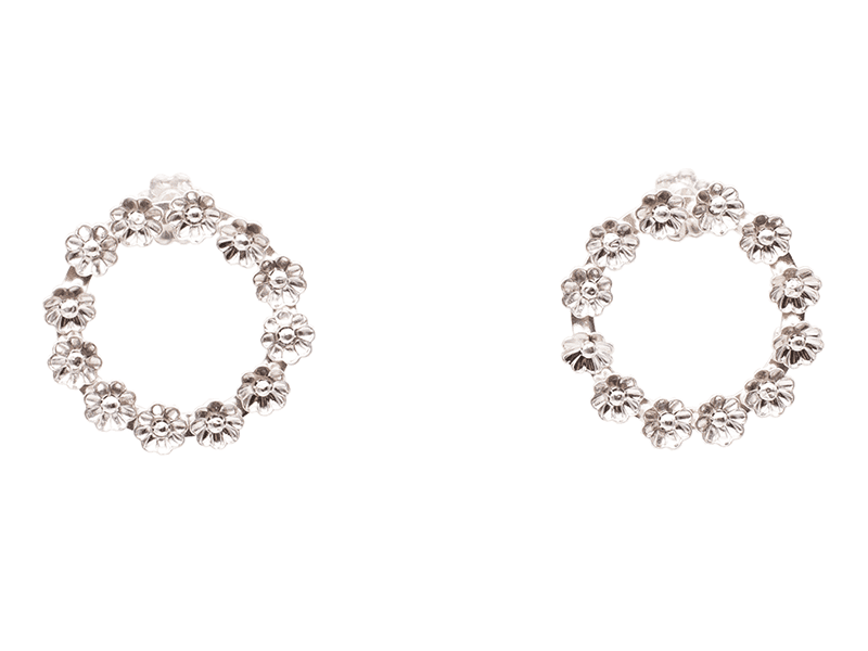 Liz Clark, Petite Wreath Studs, 2023, earrings in sterling silver, each 1 x 1 x ½ inch, photo: J Diamond