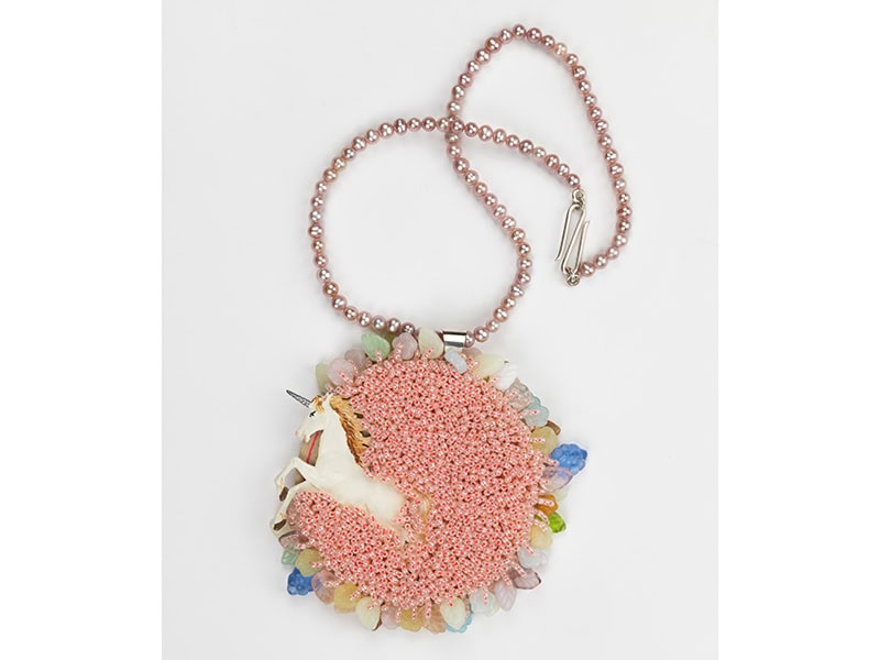 Catarina Silva, Sugar Rush, 2026, necklace in painted tin, leather, glass seed beads, glass flowers, embroidery, zinc, silver, pearls, 300 x 100 x 10 mm, photo: Pedro Tropa