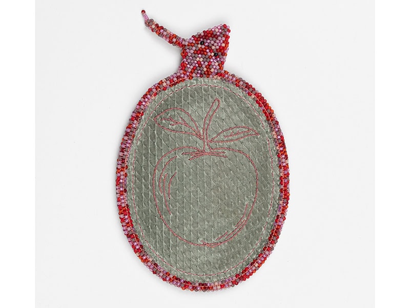 Catarina Silva, Alfinete Original (Original Brooch), 2026, in leather, glass seed beads, silk thread, zinc, silver, stainless steel, 5 ⅞ x 4 x ⅜ inches (150 x 100 x 10 mm), photo: Pedro Tropa